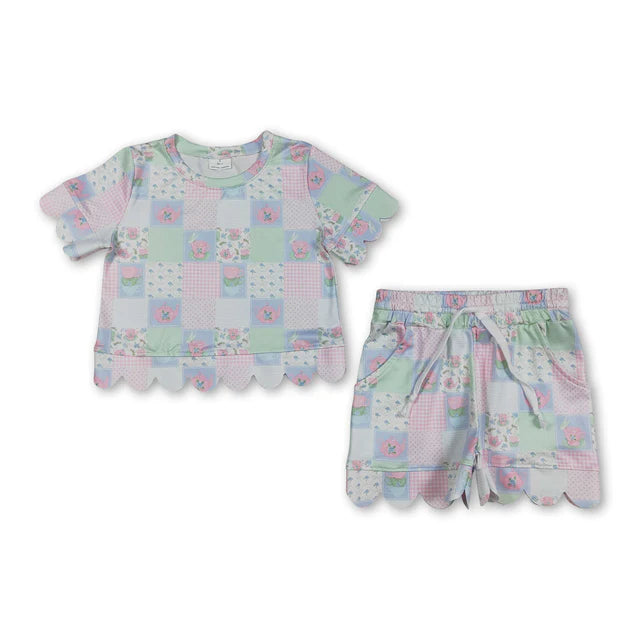RTS NO MOQ Sibling milk silk Baby Girls Colorful Flowers Scallop Trim Short Sleeve Tee And Elastic Waist Shorts Set