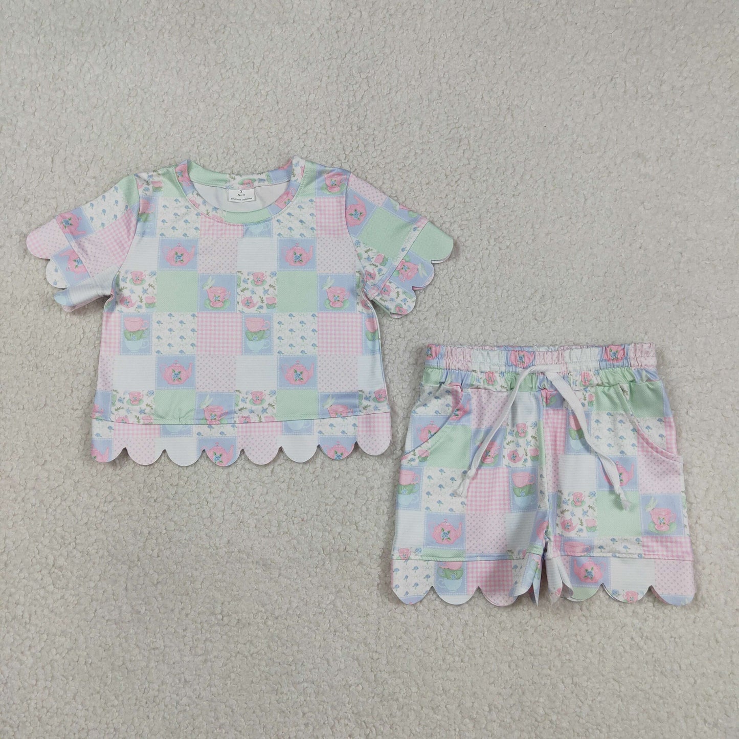 RTS NO MOQ Sibling milk silk Baby Girls Cute Colorful Flowers Scallop Edge Short Sleeve Clothes Set