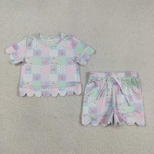 RTS NO MOQ GSSO3229 Baby Girls Colorful Flowers Checked Top with Scallop Shorts Outfit Set