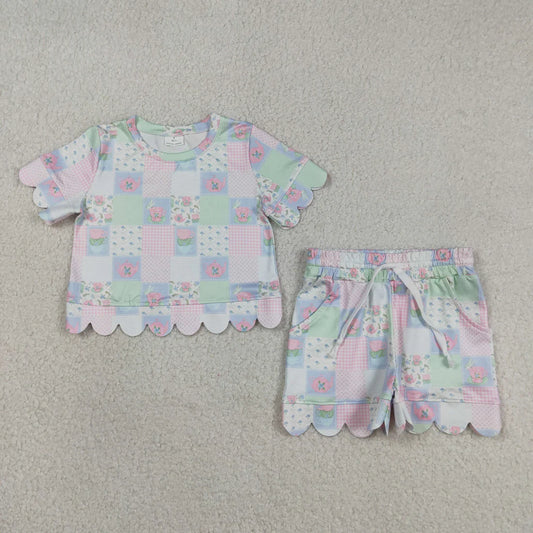 Best Sell RTS Baby Girls Colorful Flowers Checked Scallop Edge Top And Shorts Outfit Set Cute Baby Clothing Set
