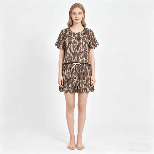 RTS NO MOQ Sibling  Mom And Me Camo Top Scallop Shorts Outfit With Pockets