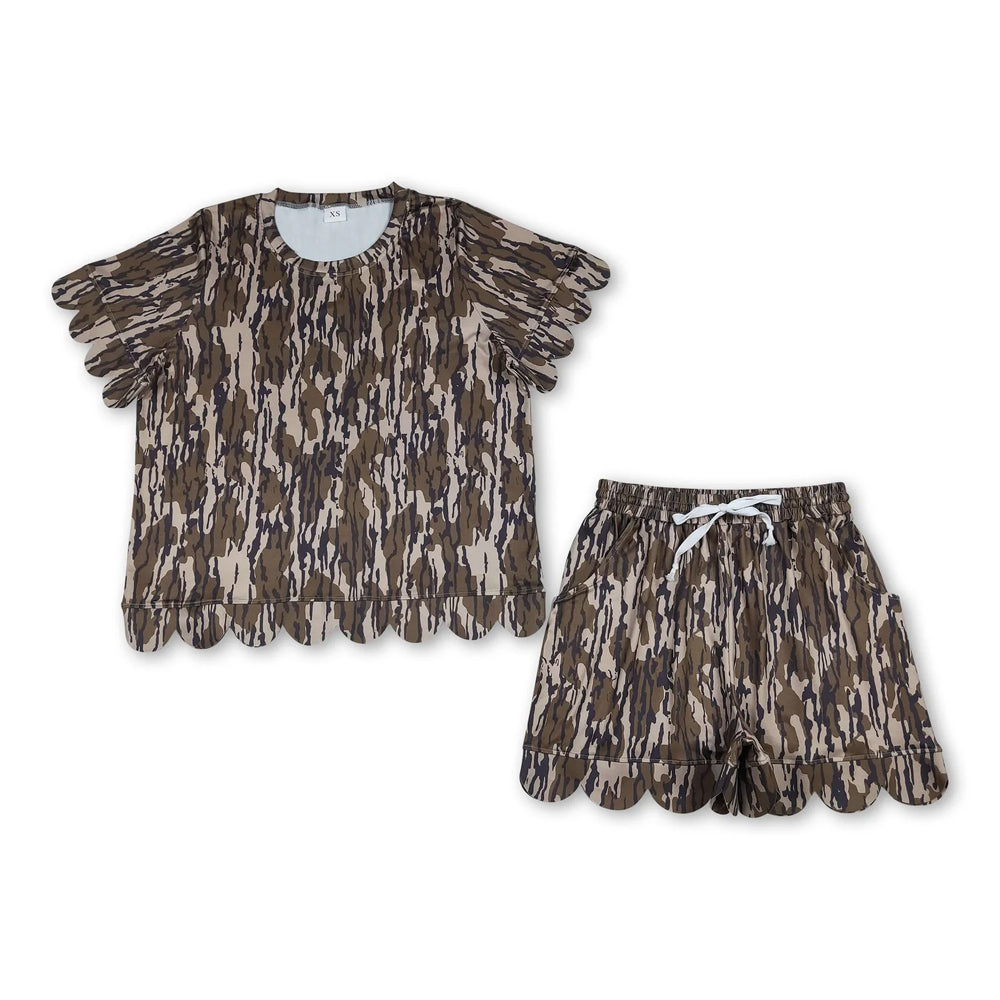 RTS NO MOQ Sibling milk silk Adult Women's Camo Print Scallop Hem Top Pockets Short Scallop Clothes Sets