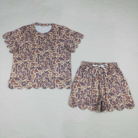 RTS NO MOQ GSSO3233 Adult Women's Khaki Camouflage Top with Short Scallop Clothes Set