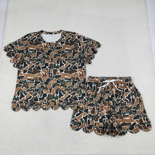 RTS NO MOQ milk silk GSSO3234 Women Dark Brown Camo Scallop Trim Short Outfit