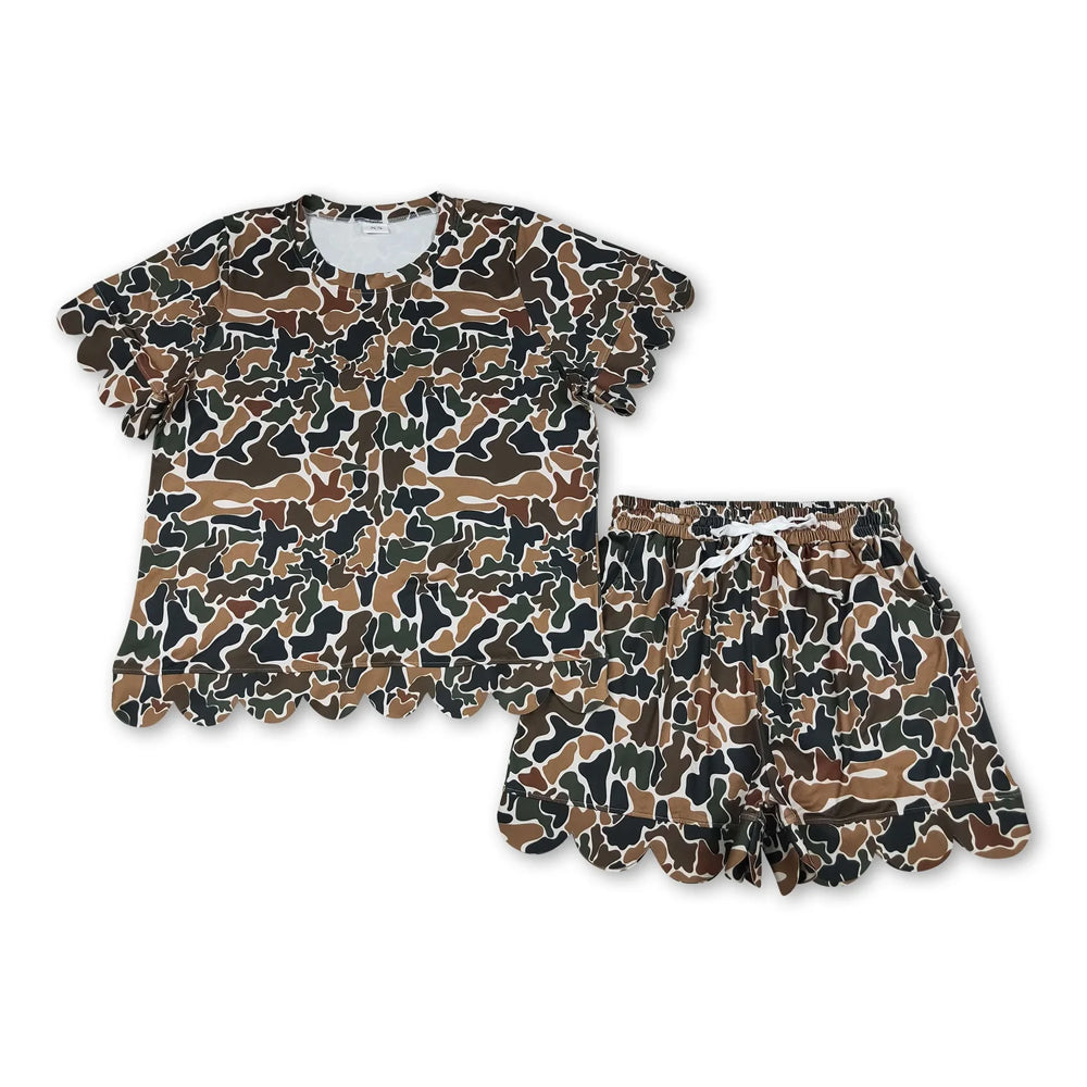 RTS NO MOQ Sibling milk silk Adult Women's Camo Print Scallop Hem Top Pockets Short Scallop Clothes Sets