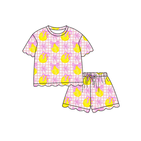 (Pre Order) No moq GSSO3235 Pre-order scallop baby girl clothes lemon bow short sleeve shorts sets-2026.1.19