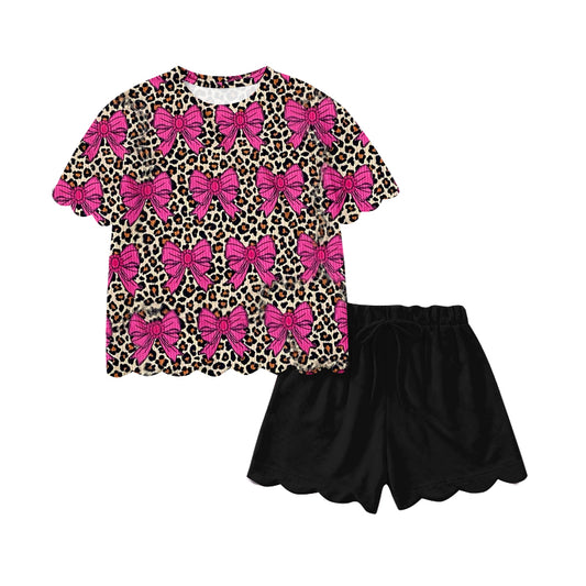 (Pre Order) No moq GSSO3237 Pre-order scallop baby girl clothes leopard bow short sleeve shorts sets-2026.1.19