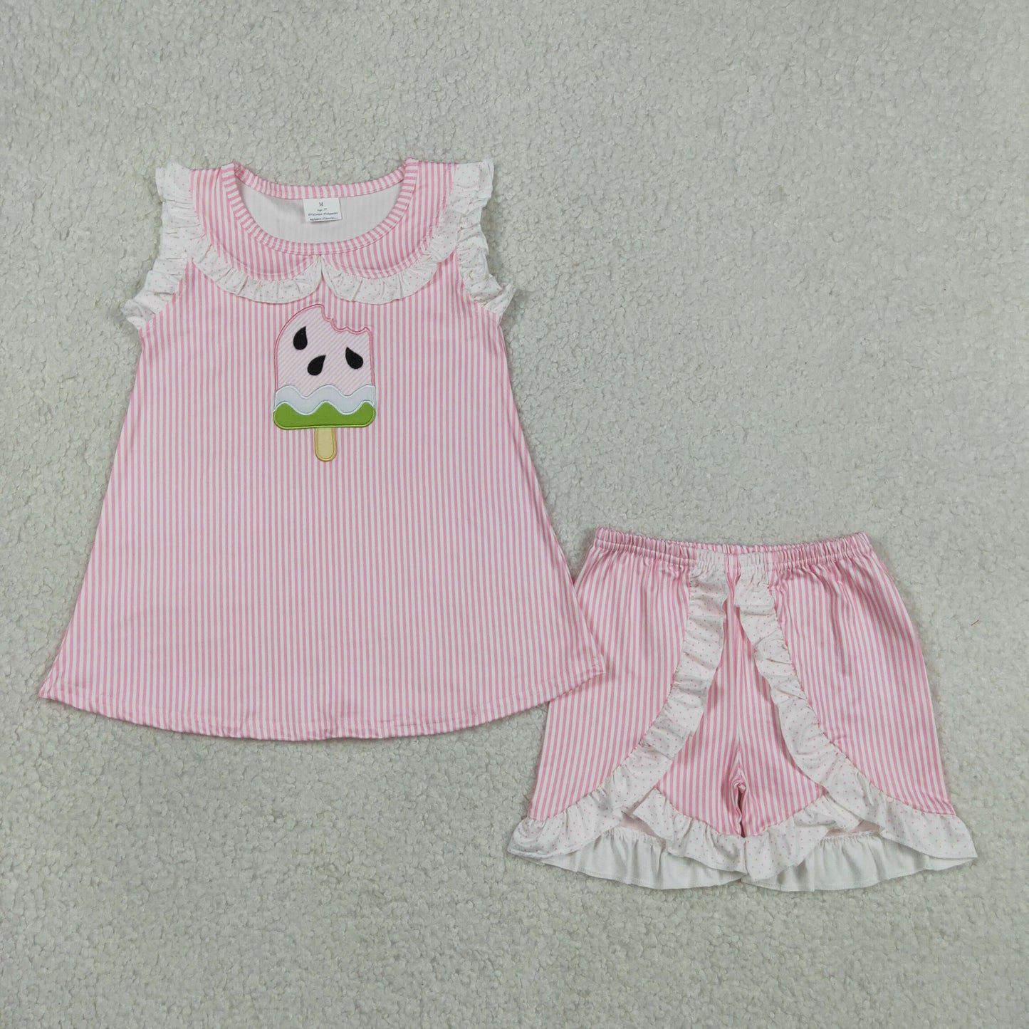 RTS NO MOQ milk silk GSSO3238 Baby Girls Cute Popsicle Embroidery Pink Stripe Tunic Shorts Set