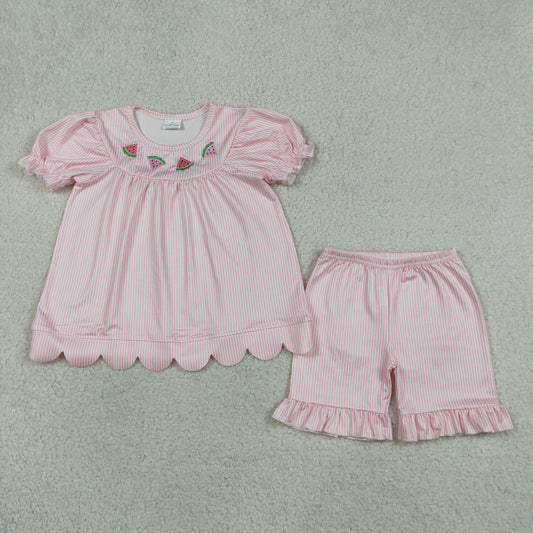 RTS NO MOQ milk silk GSSO3239 Baby Girls Embroidered Watermelon Pink Stripe Scallop Tunic Ruffle Shorts Set