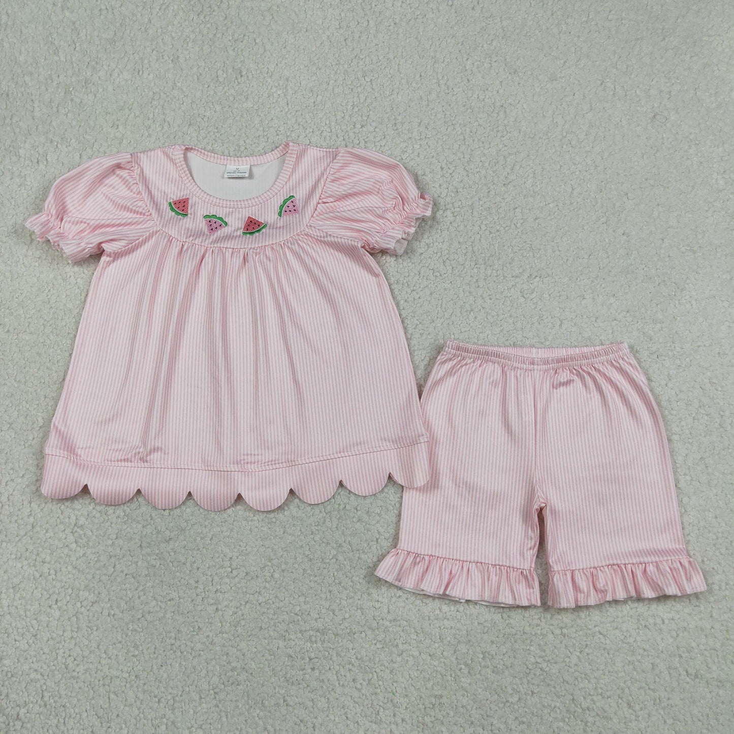 RTS NO MOQ milk silk GSSO3239 Baby Girls Watermelon Embroidery Pink Stripe Scallop Ruffle Short Outfit Sets
