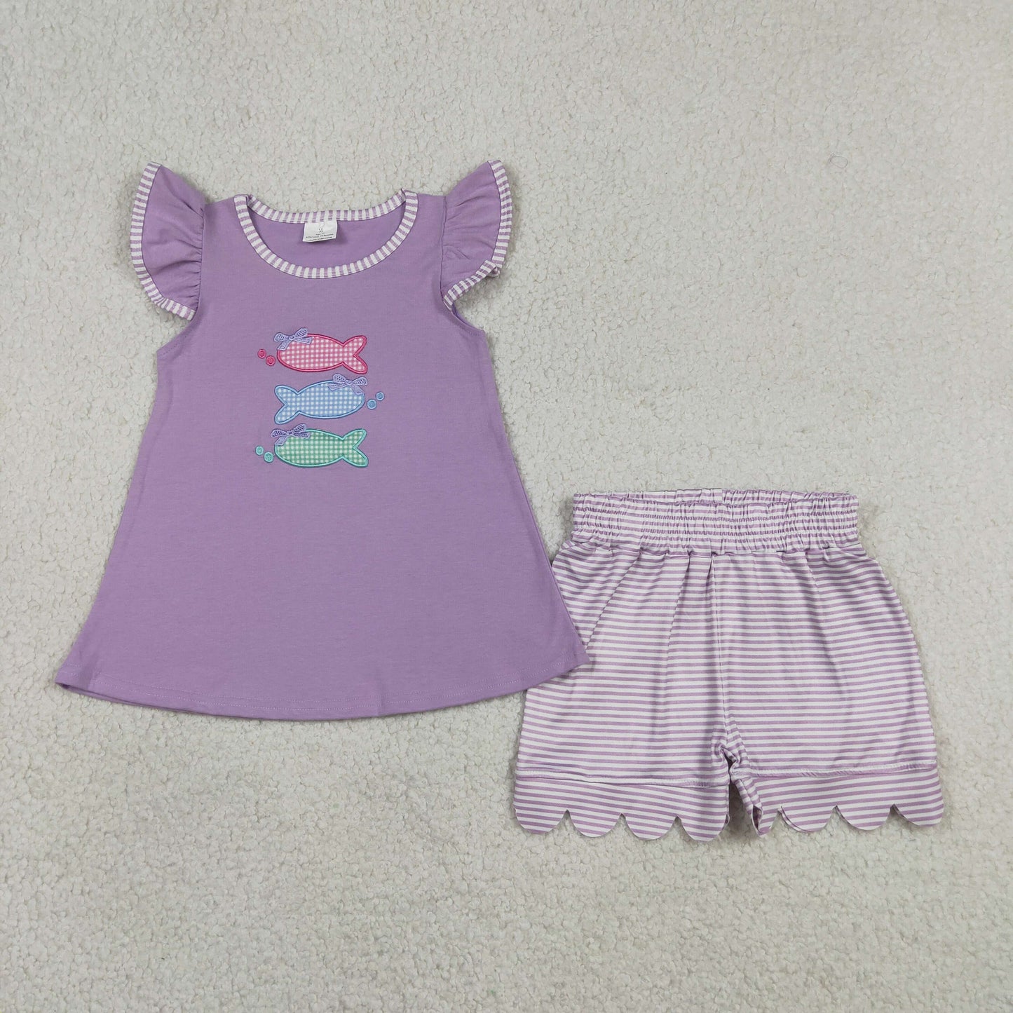 RTS NO MOQ milk silk GSSO3242 Baby Girls Embroidery Fish Scallop Stripe Tunic Shorts Hunting Set