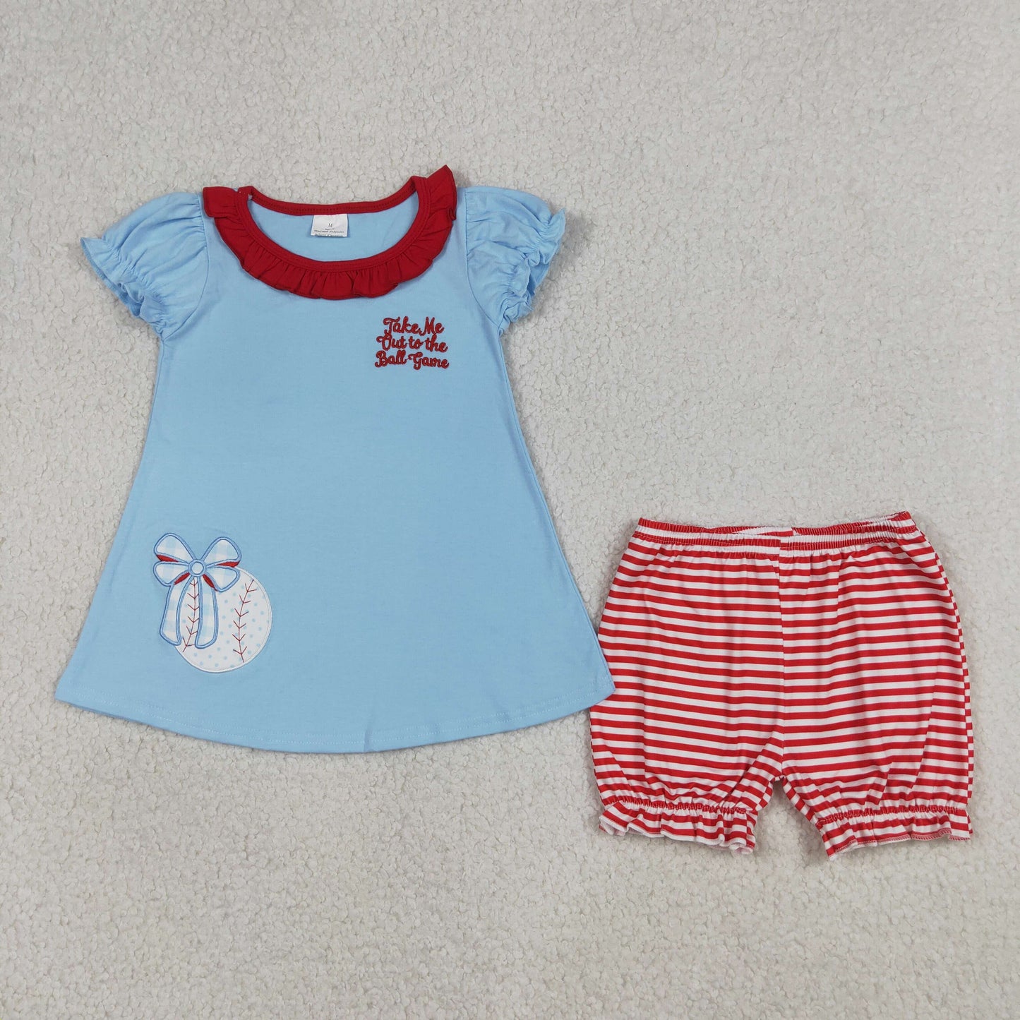 RTS NO MOQ Sibling Baby Girls Embroidered Baseballs Bows Tunic Top with Stripe Ruffle Shorts Set Dress Outfit