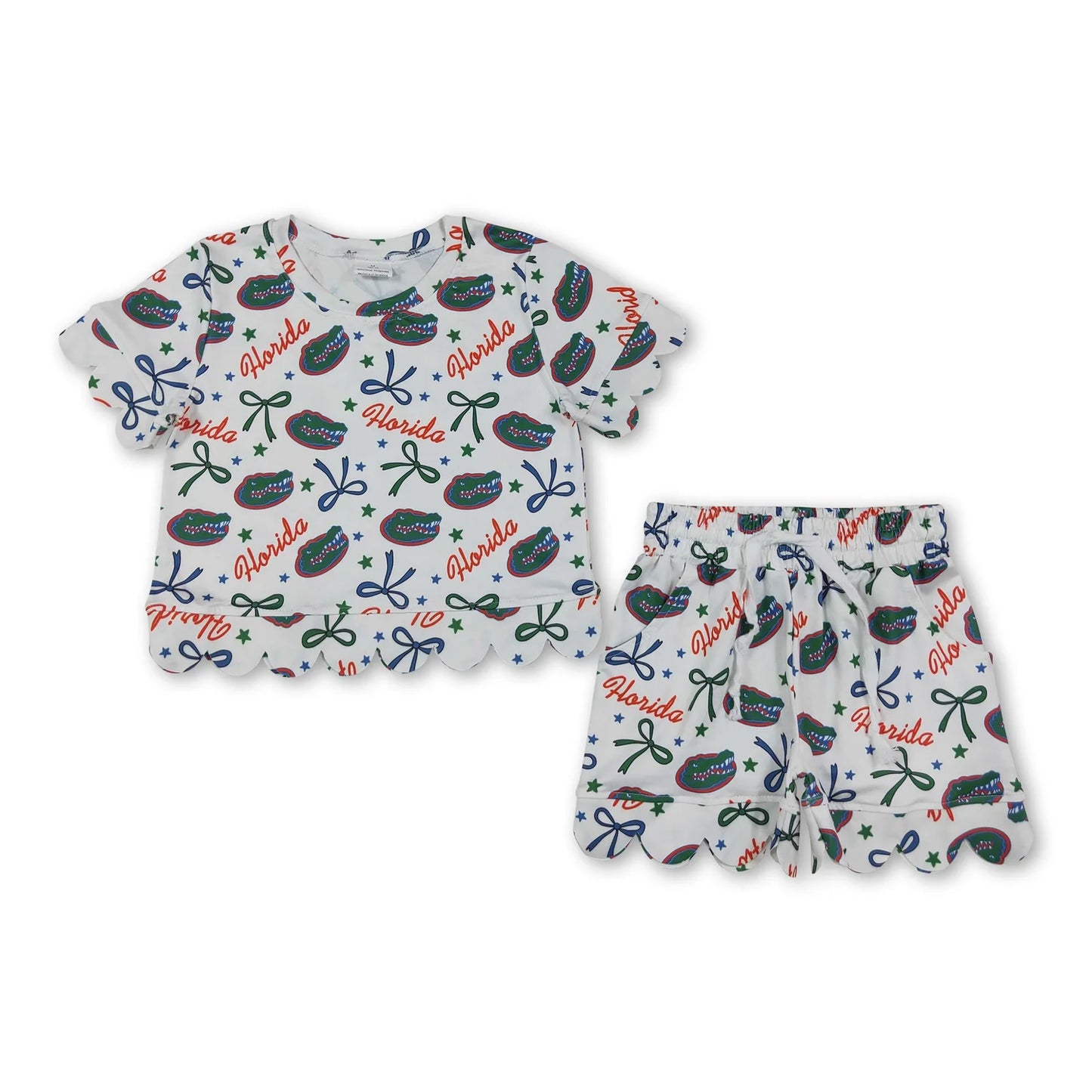 RTS NO MOQ Sibling milk silk Baby Girls Bows Print Top Pockets Shorts Team Scallop Clothes Sets