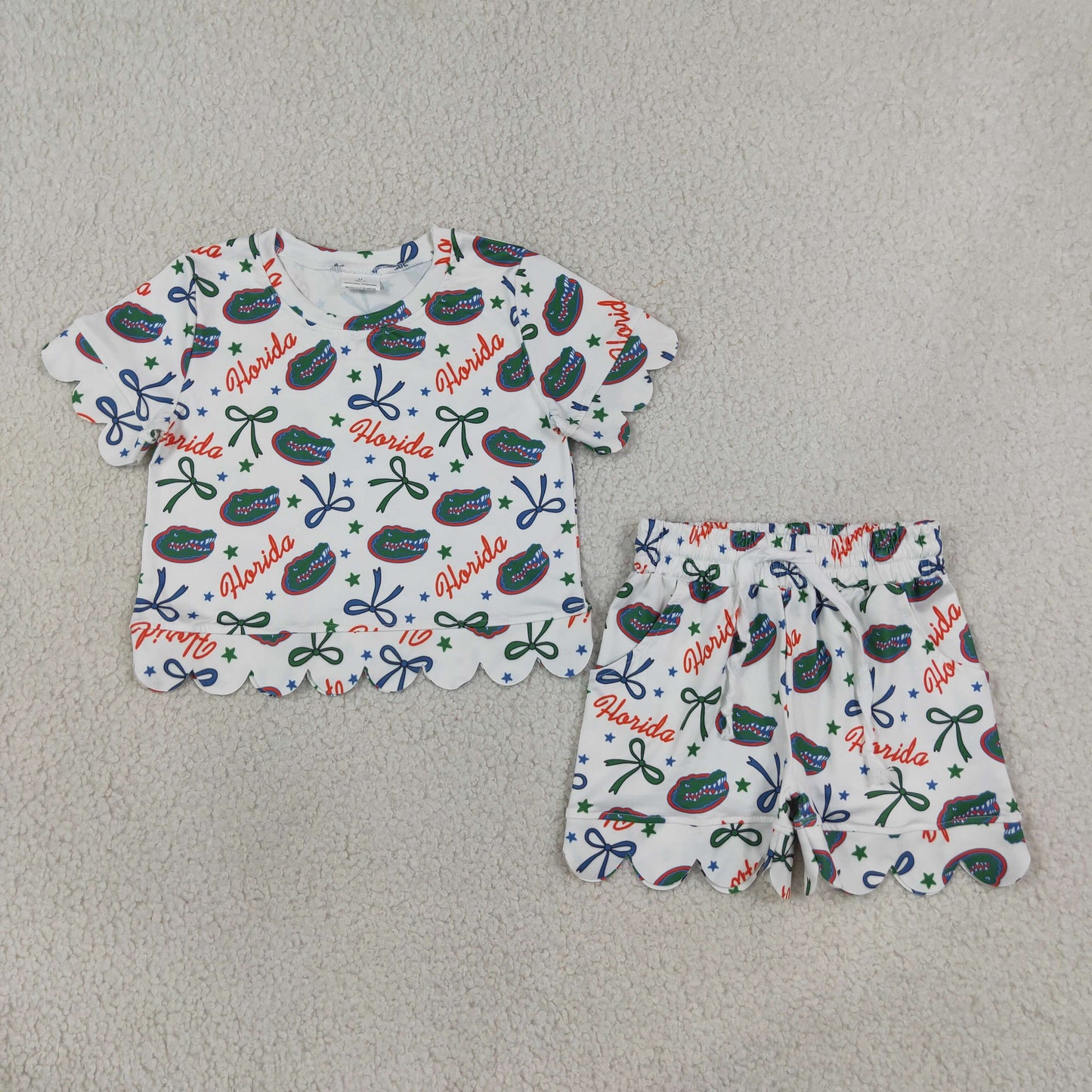 NEW RTS NO MOQ milk silk GSSO3249 Baby Girls Star Bow Print Top Matching Pocket Scallop Short Two Piece Team Clothes Set