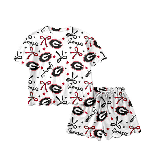 (Pre Order) No moq GSSO3250 Pre-order scallop baby girl clothes team bow short sleeve shorts sets-2026.1.20