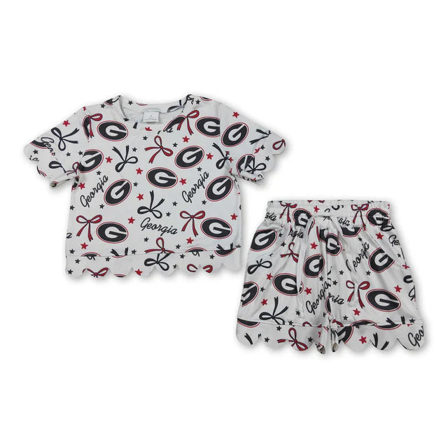 RTS NO MOQ Sibling milk silk Baby Girls Star Bow Top Scallop Short Team Set