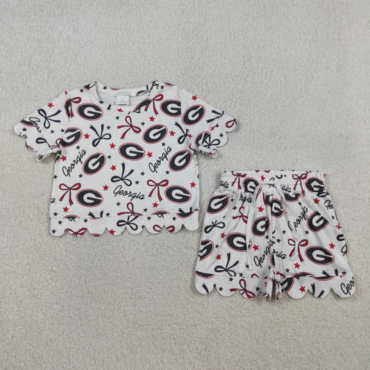 RTS NO MOQ GSSO3250 Baby Girls Bows Top with Scallop Shorts Outfit Set Team Clothing
