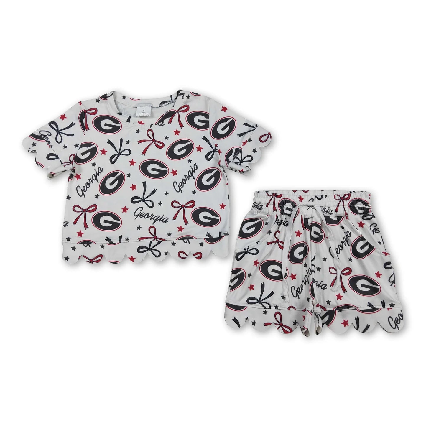 RTS NO MOQ Sibling milk silk Baby Girls Bows Print Top Pockets Shorts Team Scallop Clothes Sets
