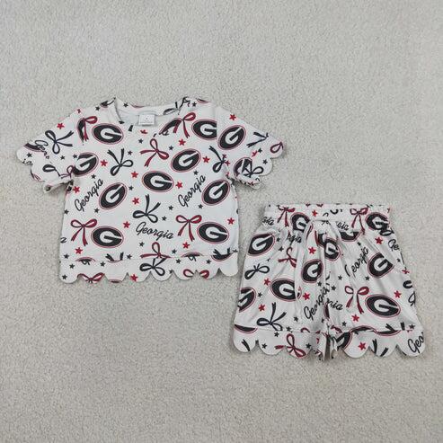 RTS NO MOQ Sibling Baby Girls Bow Team Top with Pockets Short Scallop Outfit Set Cute Clothing