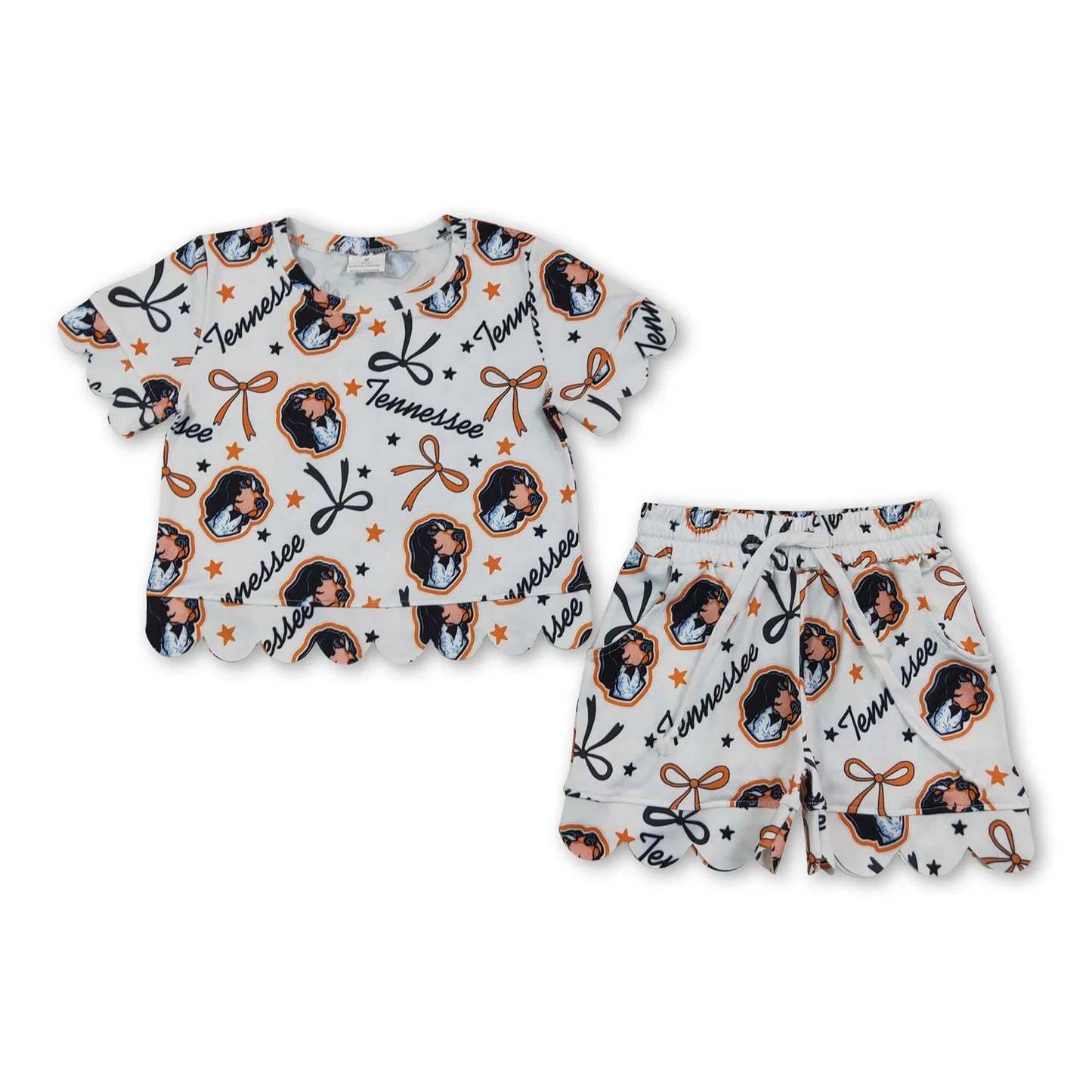 RTS NO MOQ Sibling milk silk Baby Girls Bows Print Top Pockets Shorts Team Scallop Clothes Sets