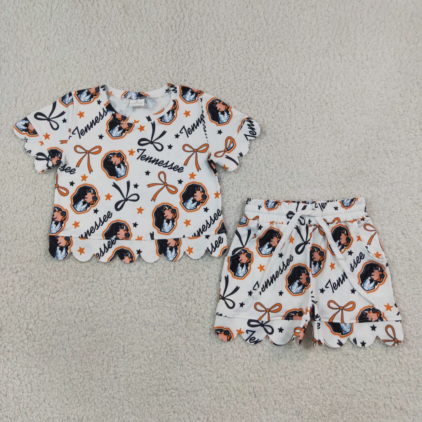 NEW RTS NO MOQ milk silk GSSO3251 Baby Girls Star Bow Short Sleeve Top Scallop Trim Casual Shorts Team Daily Outfit