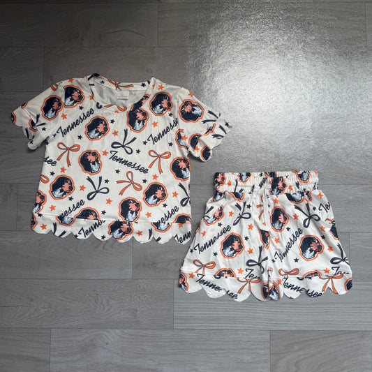 (Sample) No moq milk silk GSSO3251 Baby Girls Cute Star Bow Short Sleeve Top Scallop Trim Casual Shorts Team Daily Outfit