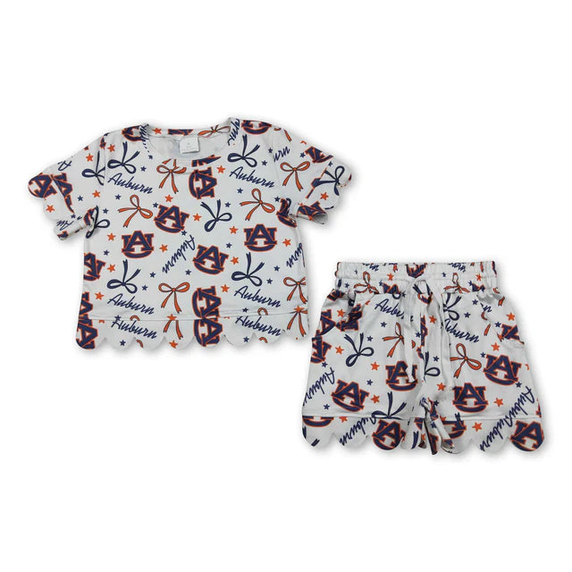 RTS NO MOQ Sibling milk silk Baby Girls Star Bow Top Scallop Short Team Set