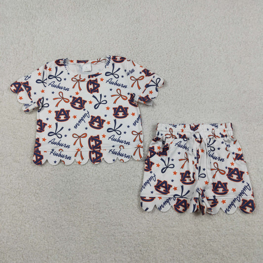 RTS NO MOQ GSSO3252 Baby Girls Bows White Shirt with Scallop Short Sleeve Top And Shorts Set Cute Outfit