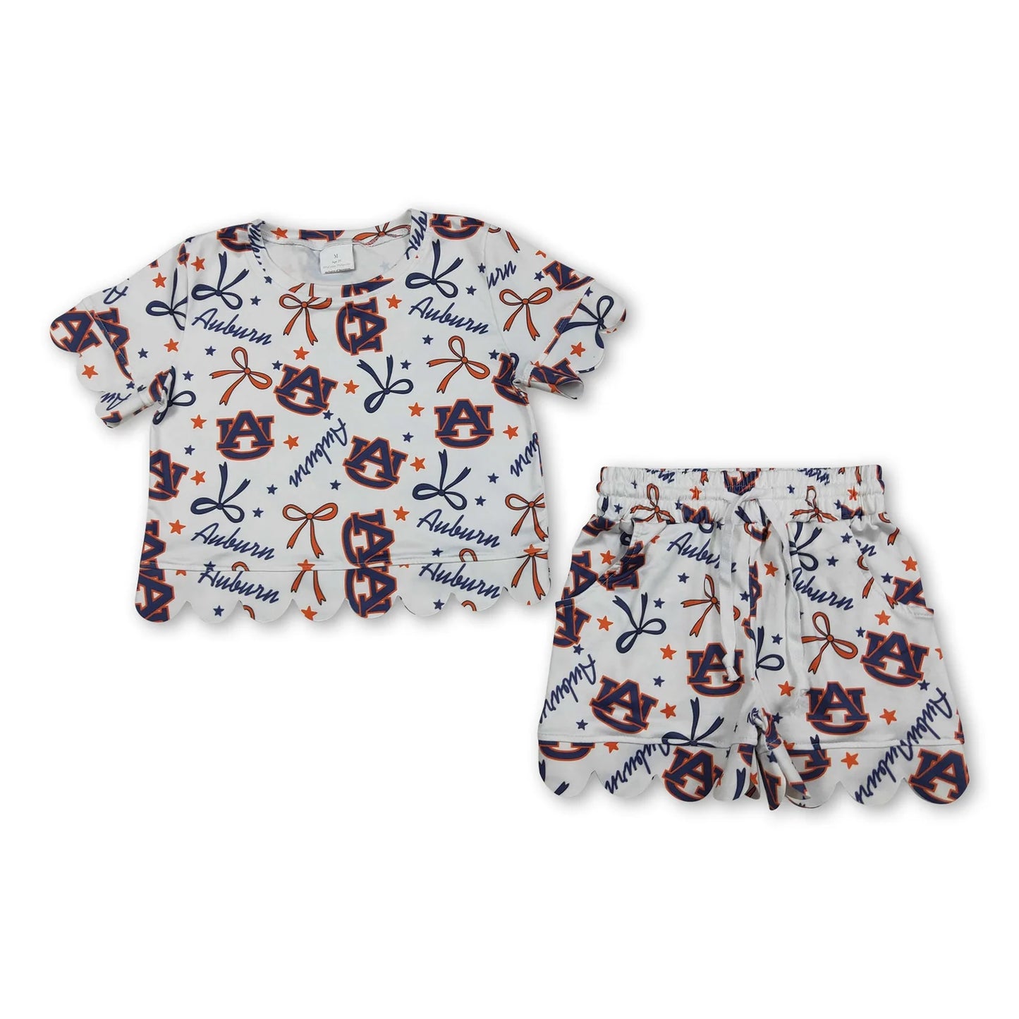 RTS NO MOQ Sibling milk silk Baby Girls Bows Print Top Pockets Shorts Team Scallop Clothes Sets