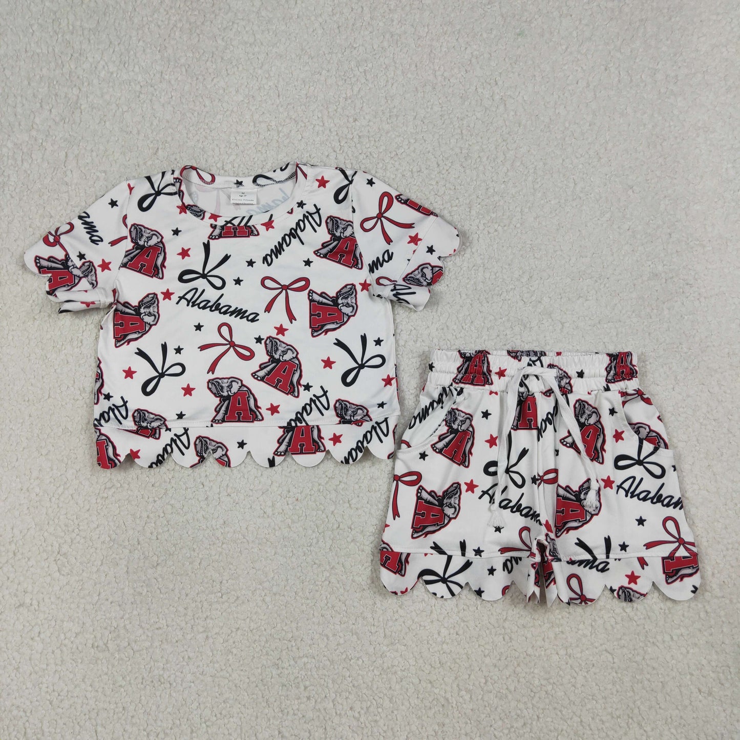 RTS NO MOQ GSSO3253 Baby Girls Star Bows Print Top Scallop Shorts Outfit Set Team Clothing for Kids