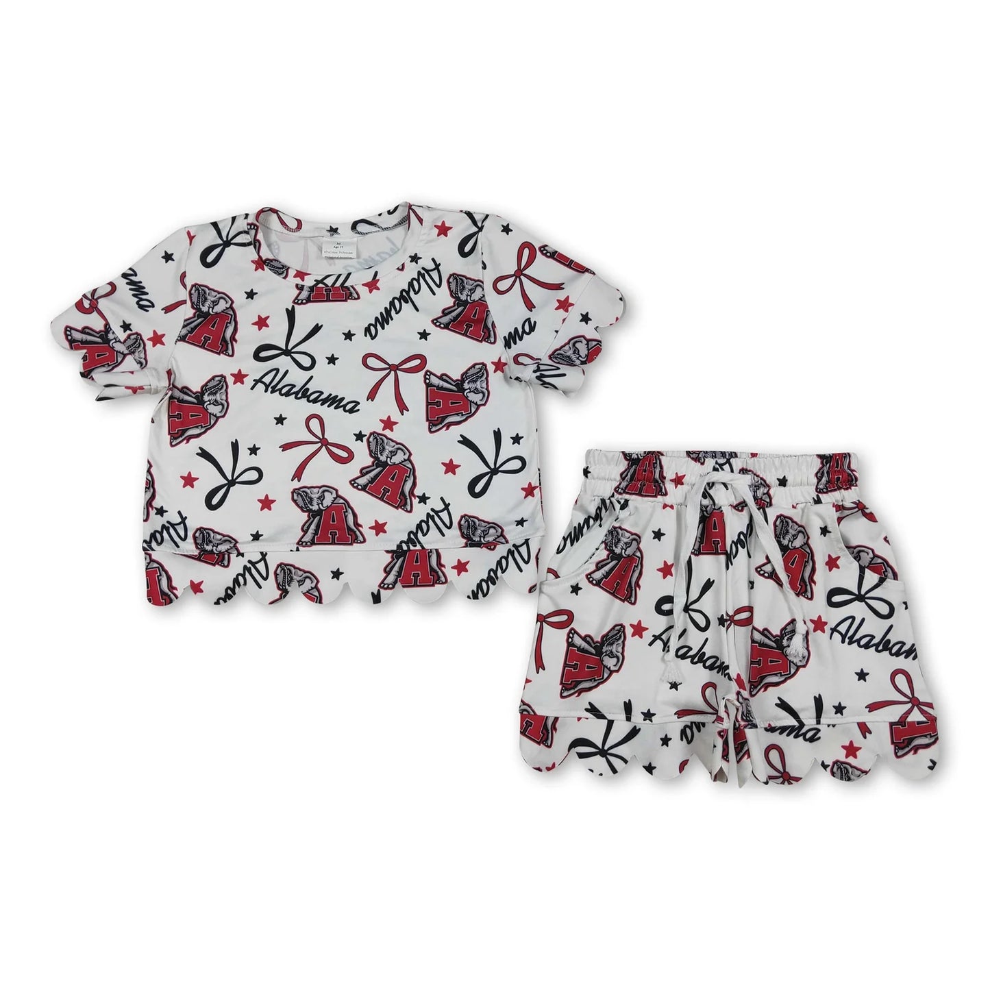 RTS NO MOQ Sibling milk silk Baby Girls Bows Print Top Pockets Shorts Team Scallop Clothes Sets