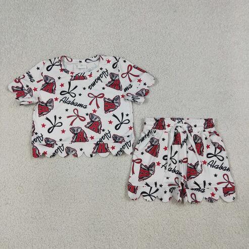 RTS NO MOQ Sibling Baby Girls Bow Team Top with Pockets Short Scallop Outfit Set Cute Clothing