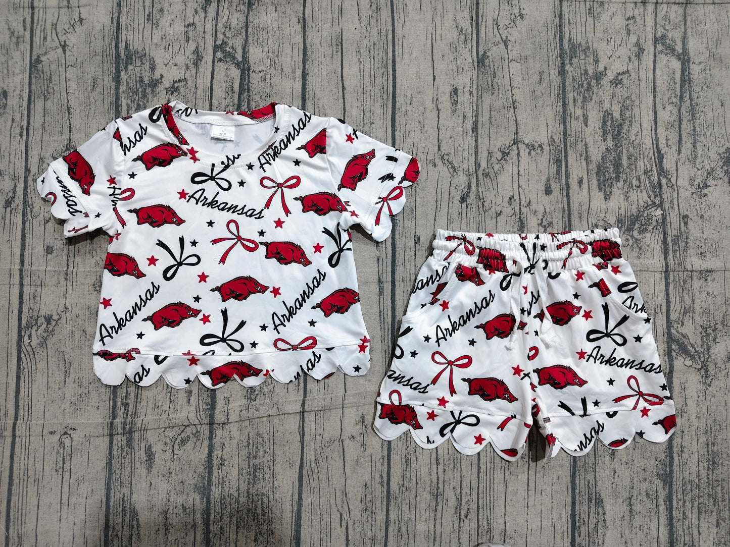 (Pre Order) No moq GSSO3254 Toddler Girls Team Star Bow Top Scallop Hem Shorts Two Piece Set
