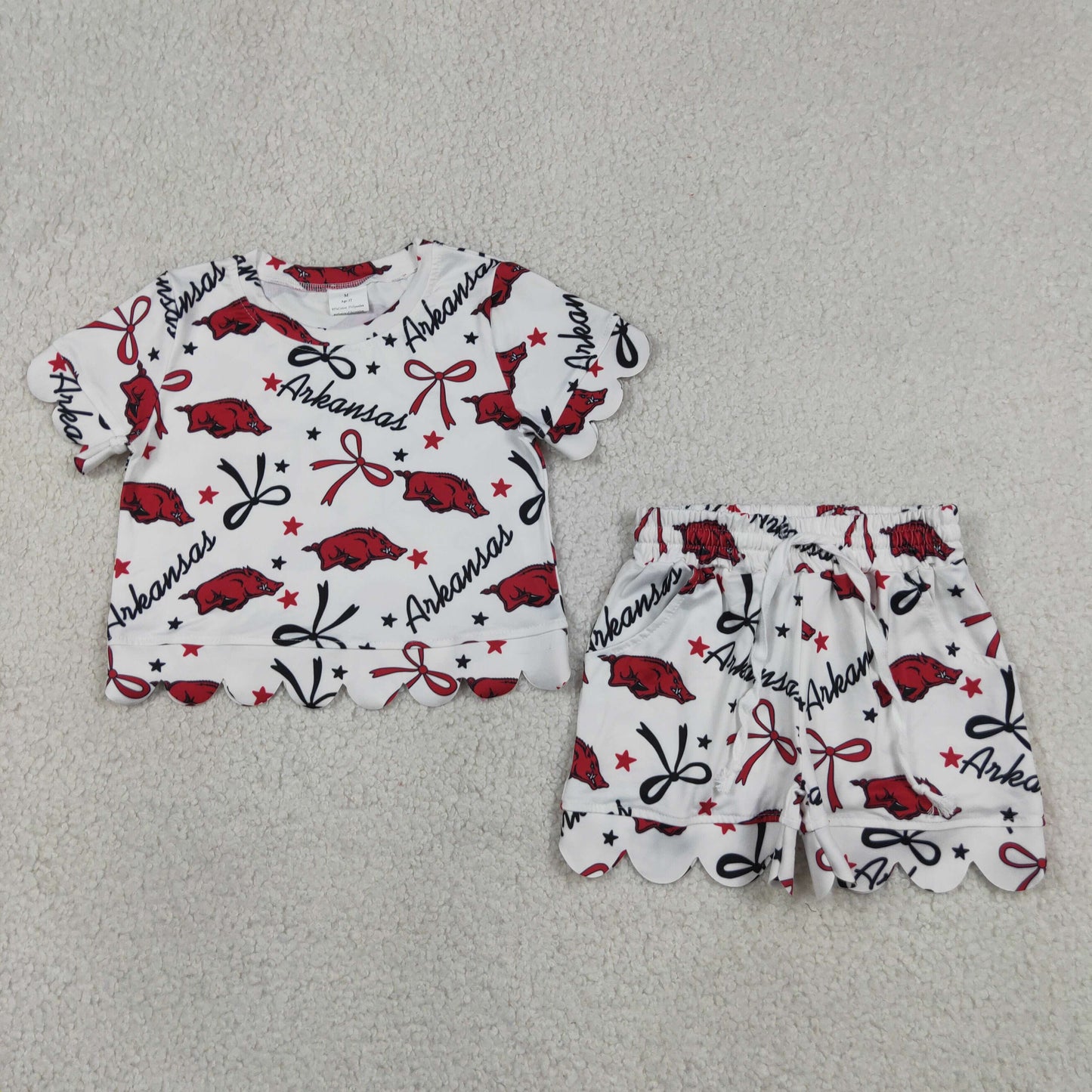 RTS NO MOQ milk silk GSSO3254 Baby Girls Star Bows Top With Pockets Shorts Team Scallop Clothes Set