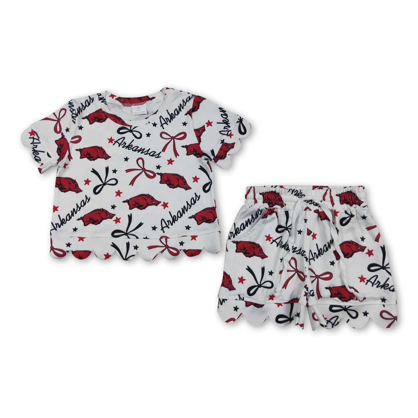RTS NO MOQ Sibling milk silk Baby Girls Bows Print Top Pockets Shorts Team Scallop Clothes Sets