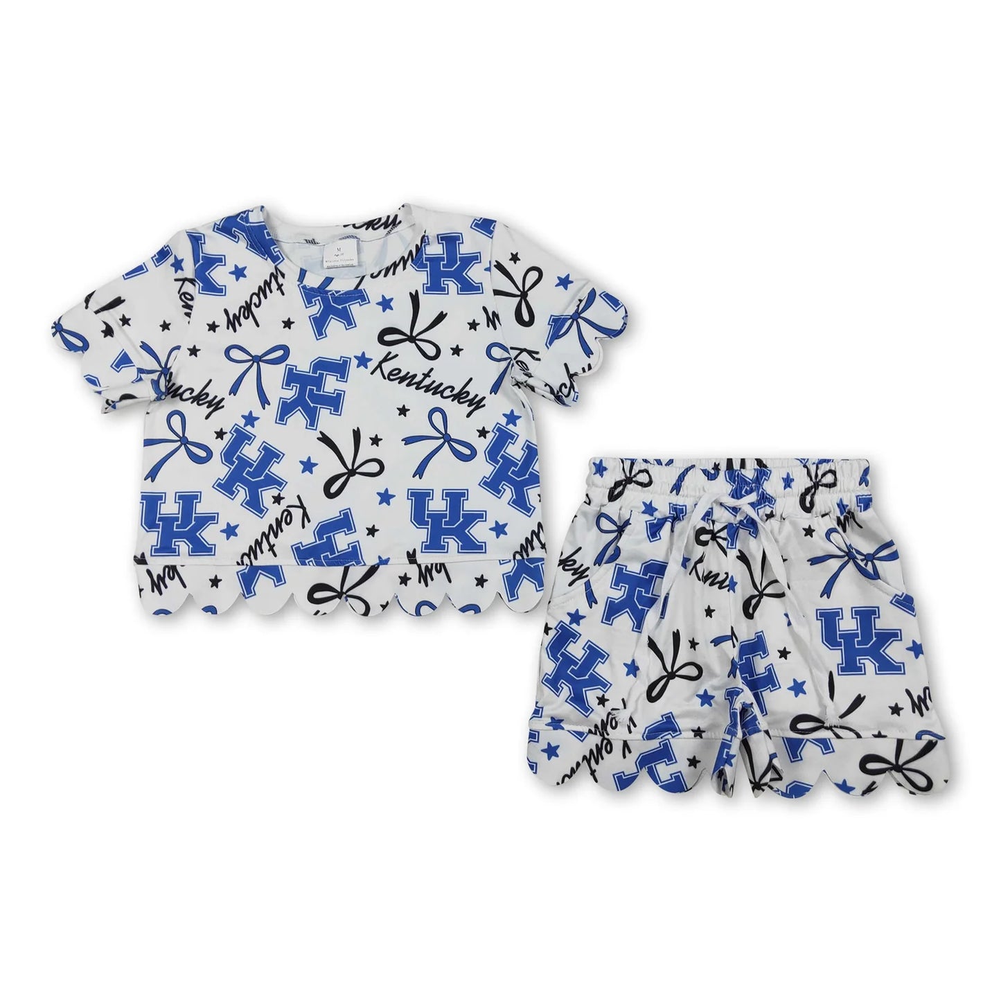 RTS NO MOQ Sibling milk silk Baby Girls Bows Print Top Pockets Shorts Team Scallop Clothes Sets
