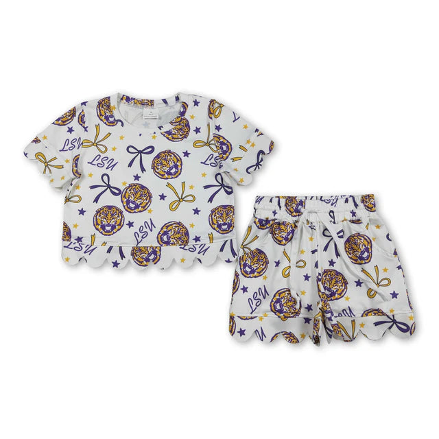 RTS NO MOQ Sibling milk silk Baby Girls Star Bow Top Scallop Short Team Set