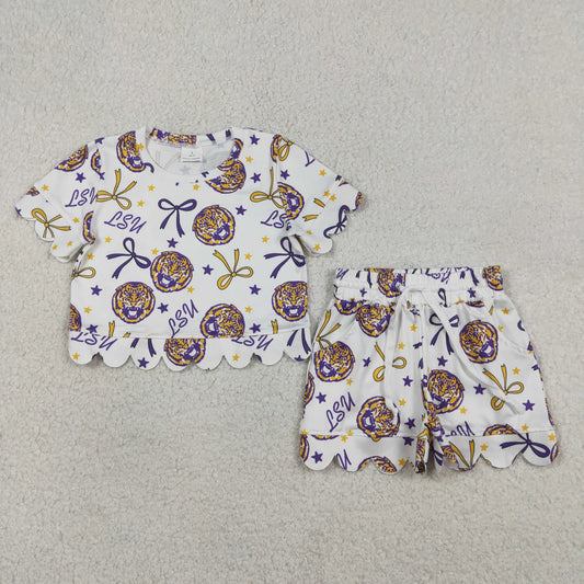 Best Sell RTS Baby Girls Tiger Scallop Top And Shorts Set with Bow Team Color Outfit for Infants
