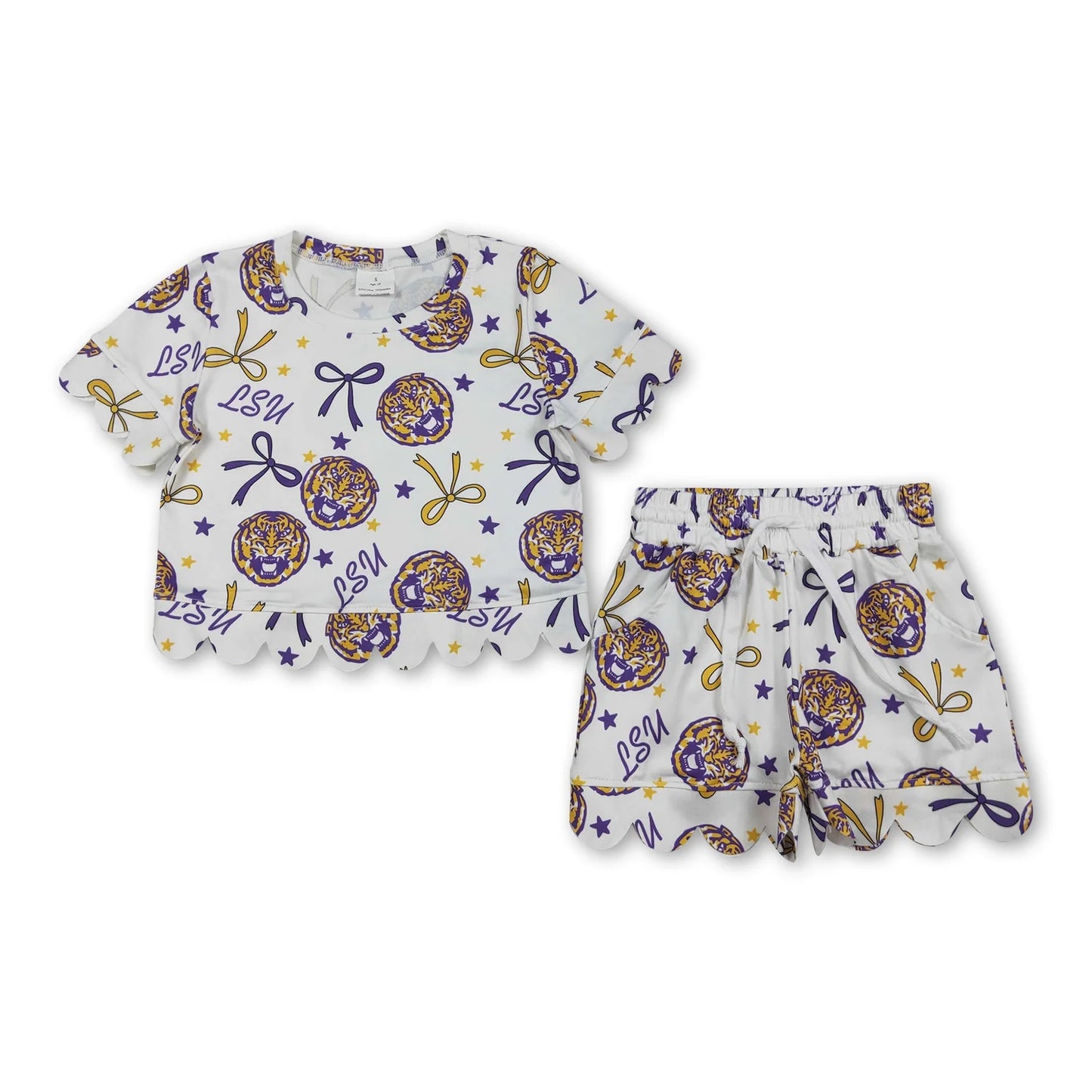 RTS NO MOQ Sibling milk silk Baby Girls Bows Print Top Pockets Shorts Team Scallop Clothes Sets