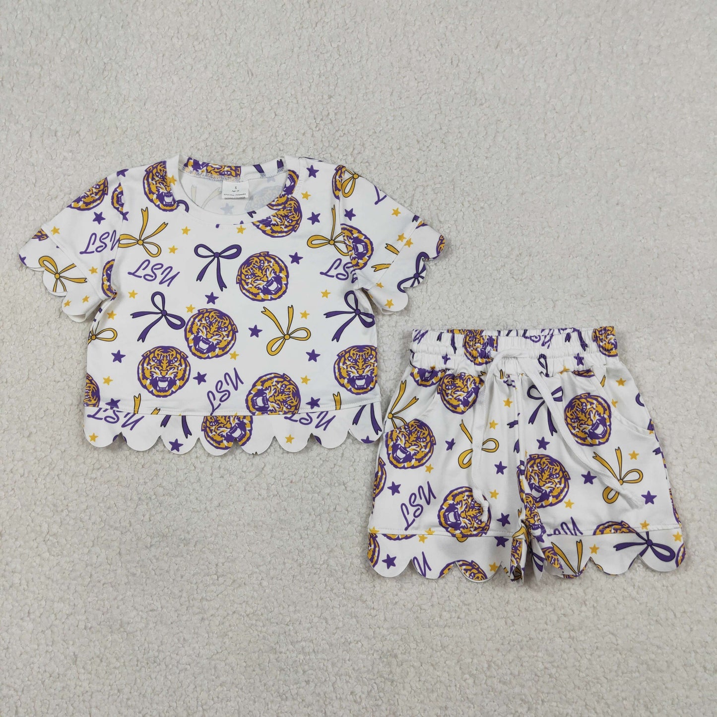 RTS NO MOQ GSSO3256 Baby Girls Scallop Top And Shorts Set with Bow Team Outfit for Infants