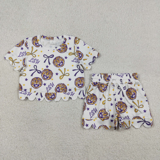 RTS NO MOQ GSSO3256 Baby Girls Scallop Top And Shorts Set with Bow Team Outfit for Infants