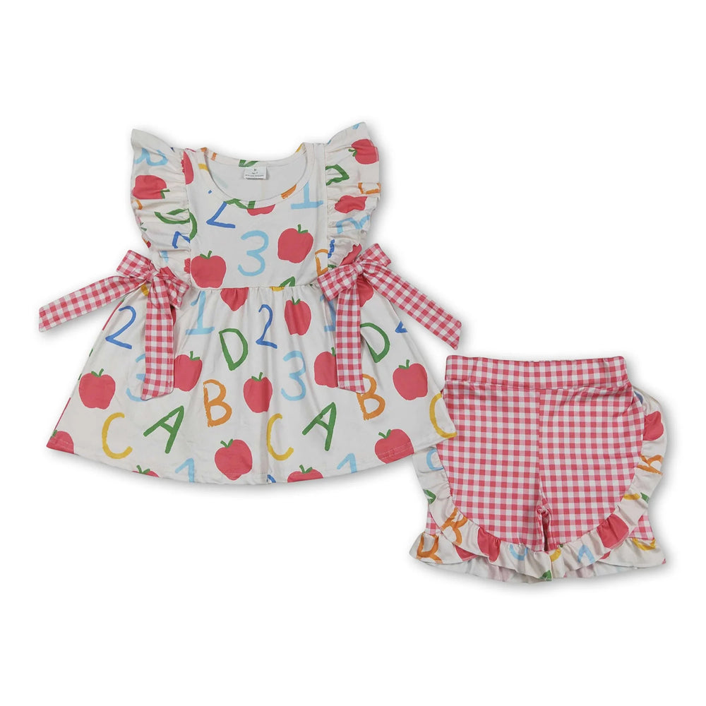 RTS NO MOQ Sibling milk silk Baby Girls Boys Apples ABC Print Top Checked Elastic Waist Shorts Back To School Clothes Set(2T-14-16T）