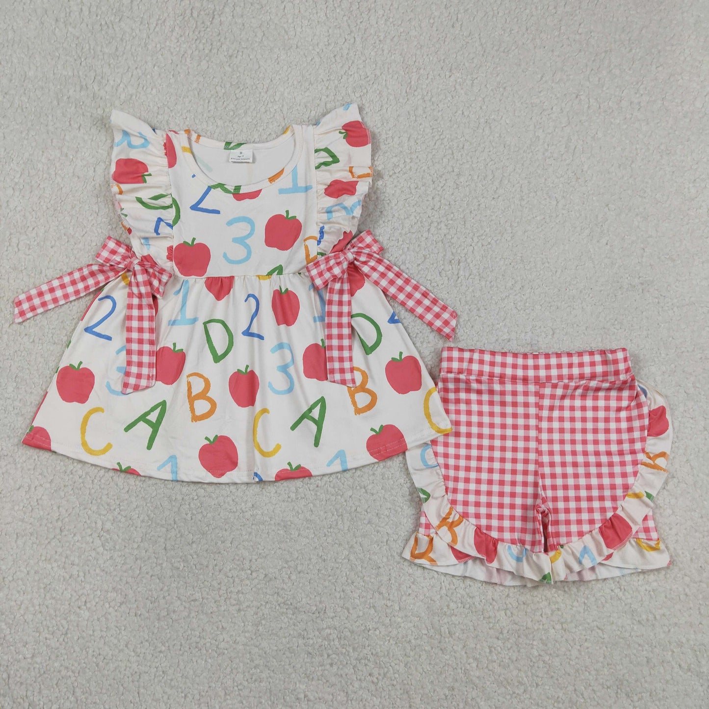 RTS NO MOQ GSSO3258 Infant Girls Cute Apple ABC Tunic Ruffle Short Back To School Clothes Set （2T-14-16T）