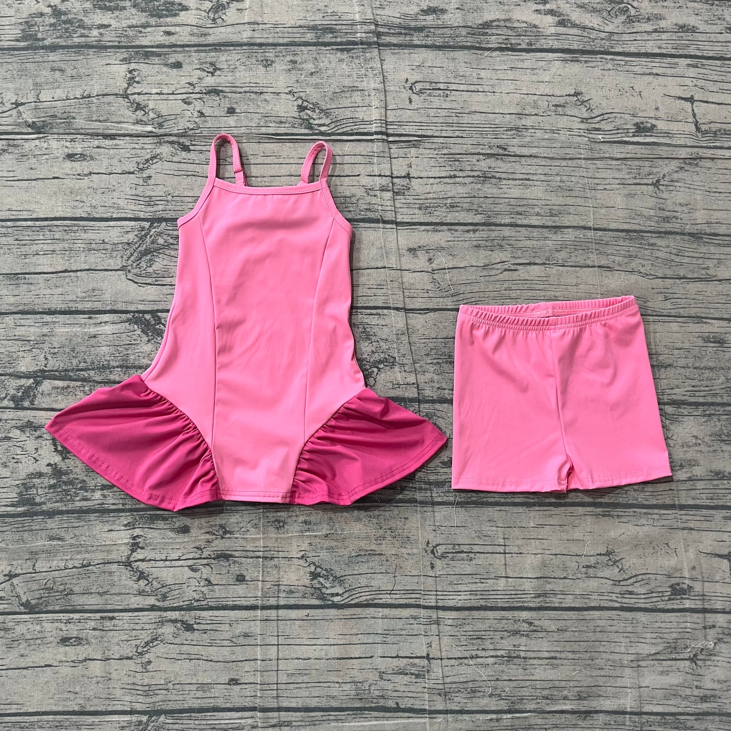 (Sample) No moq GSSO3259 （GSD3688+SS0826）Yoga Baby Girls Pink Strap Yoga Active Tunic Shorts Set