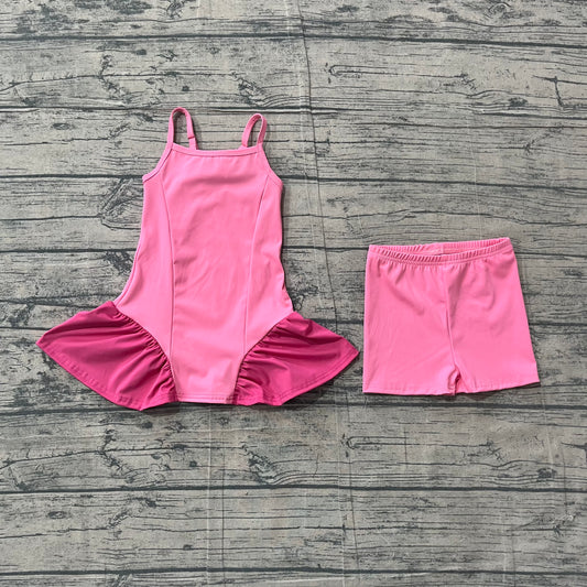 (Sample) No moq GSSO3259 （GSD3688+SS0826）Yoga Baby Girls Pink Strap Yoga Active Tunic Shorts Set