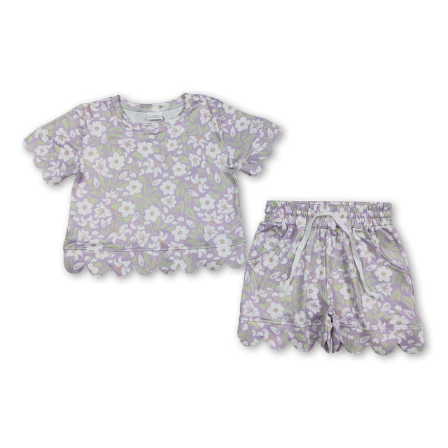 RTS NO MOQ Sibling milk silk Baby Girls Colorful Flowers Scallop Trim Short Sleeve Tee And Elastic Waist Shorts Set