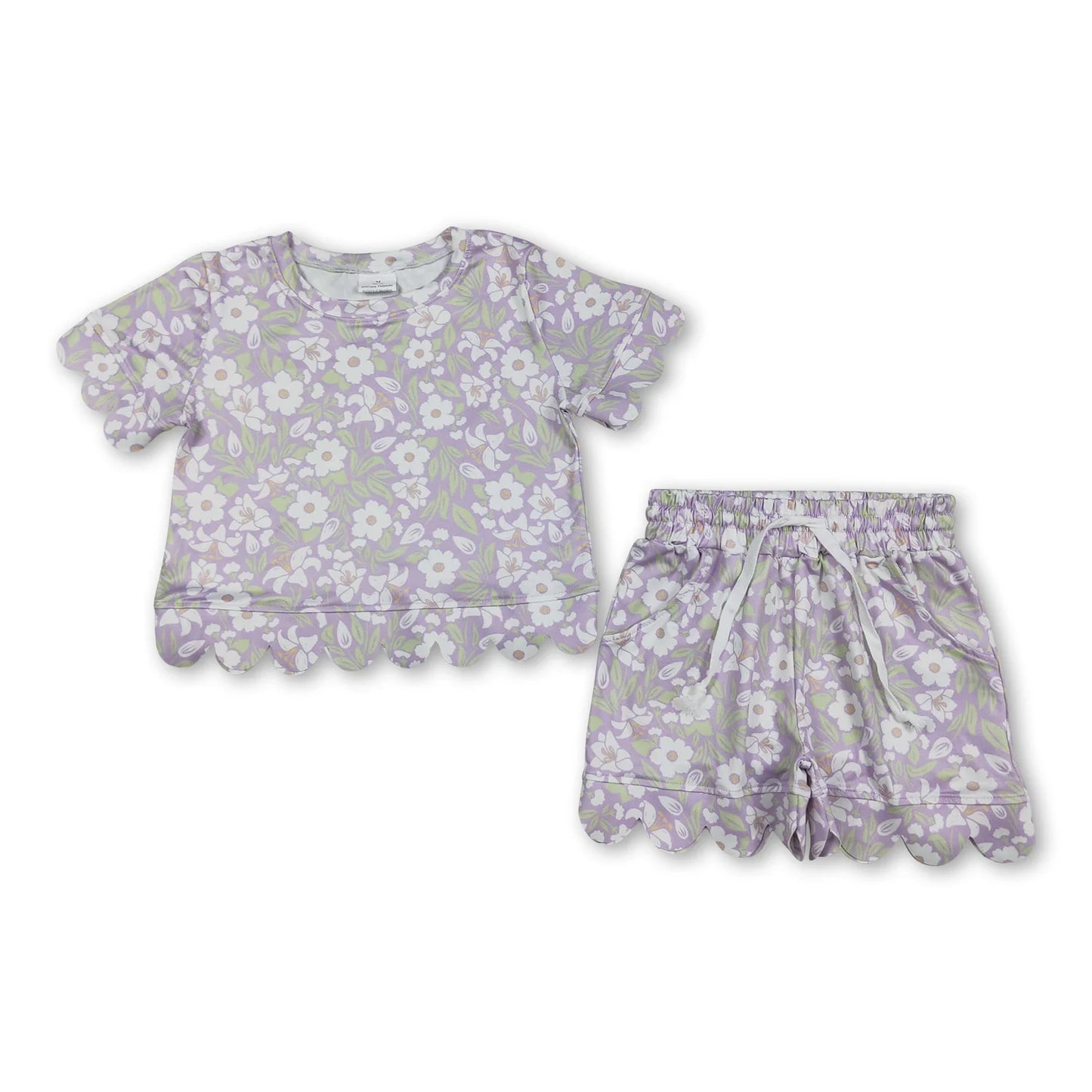 RTS NO MOQ Sibling milk silk Baby Girls Colorful Flowers Short Sleeve Shirt Scallop Casual Shorts Clothing Suit