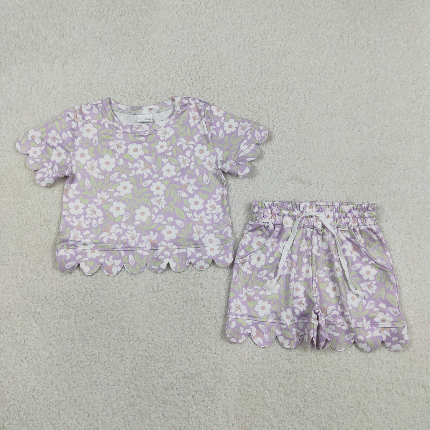 RTS NO MOQ milk silk GSSO3265 Baby Girls  Scallop Edge Colorful Flowers Short Sleeve Top Shorts Sets