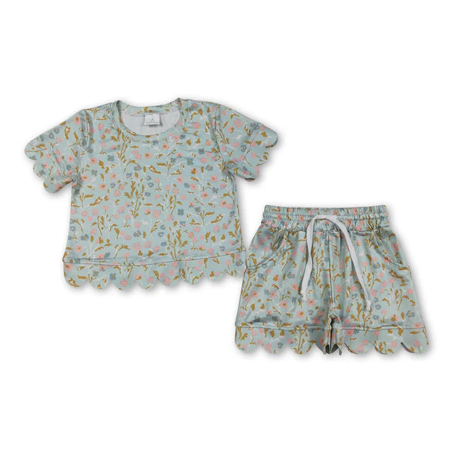 RTS NO MOQ Sibling milk silk Baby Girls Colorful Flowers Scallop Trim Short Sleeve Tee And Elastic Waist Shorts Set