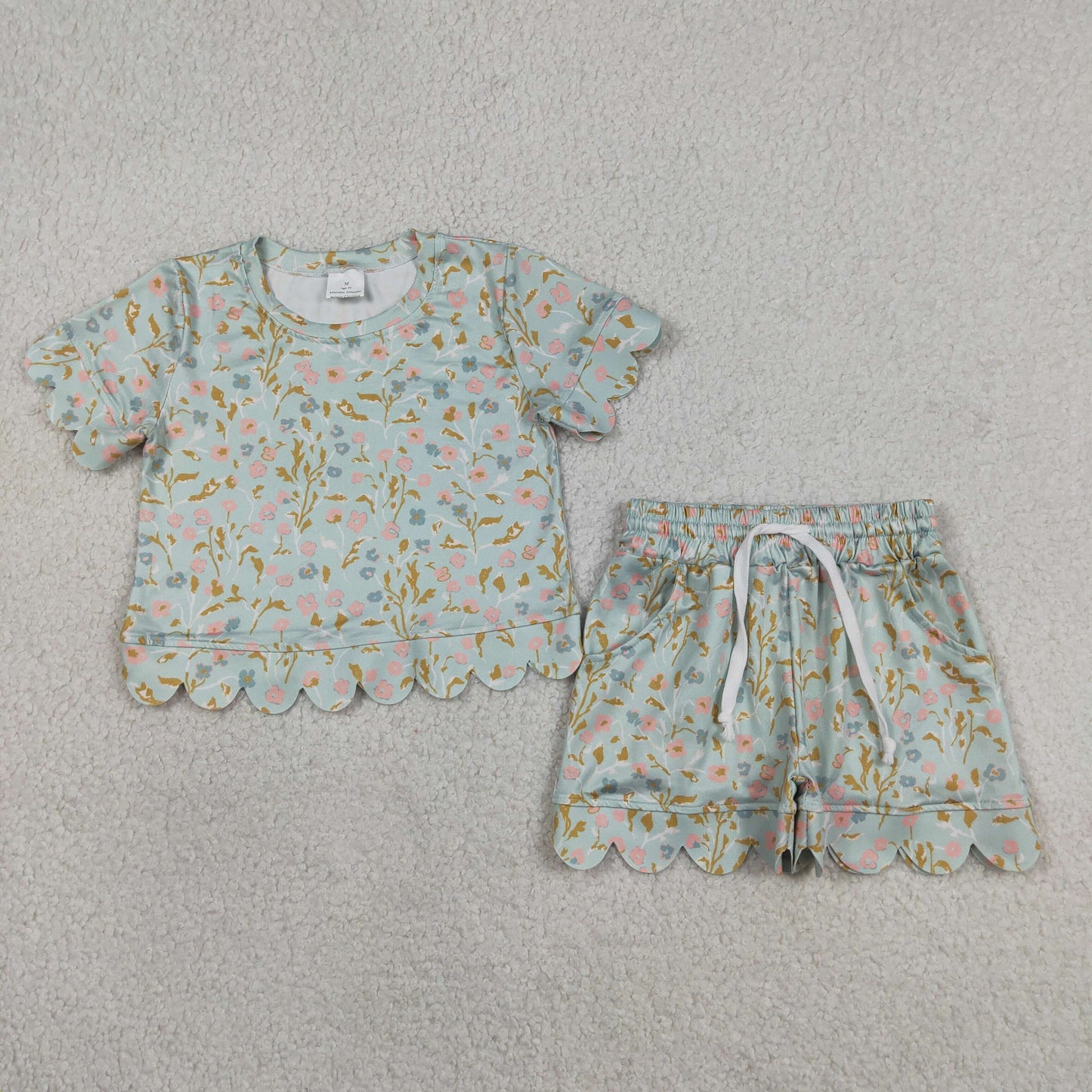RTS NO MOQ GSSO3266 Baby Girls Summer Colorful Flowers Short Sleeve Top Scallop Pockets Shorts Set